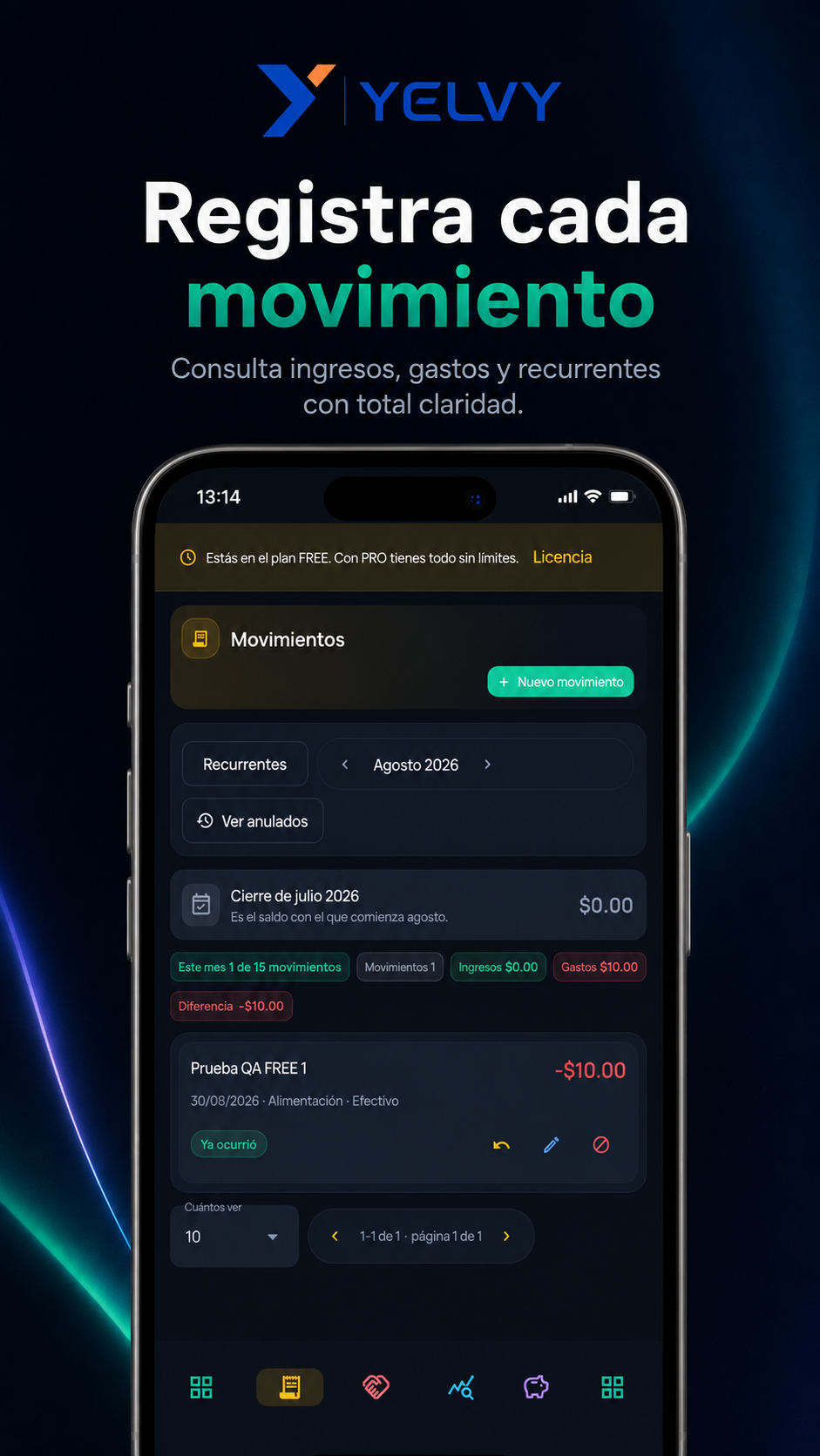 Pantalla de Movimientos en Yelvy Finanzas